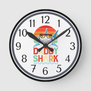 Rustic Daddy Shark Fathers Day  Round Clock