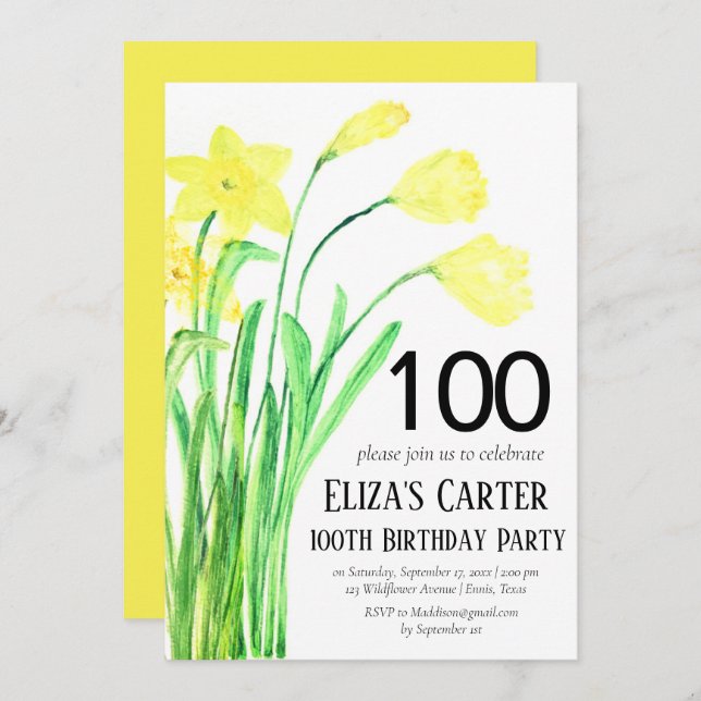 Rustic Daffodil 100th Floral Elegant Birthday  Invitation (Front/Back)