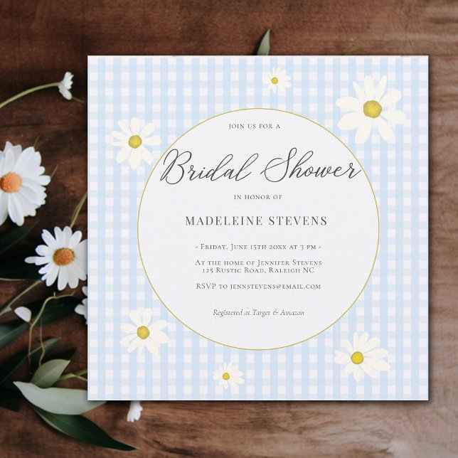 Rustic Daisies Baby Blue Gingham Bridal Shower Invitation (rustic daisies blue gingham bridal shower invitation backyard boho elegant garden modern simple)