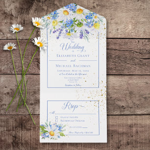 Rustic Daisies & Blue Floral Bouquet No Dinner All In One Invitation