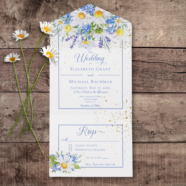 Rustic Daisies & Blue Floral Bouquet No Dinner All In One Invitation (Rustic Daisies & Blue Floral Bouquet All In One Wedding Invitation without Dinner Options)