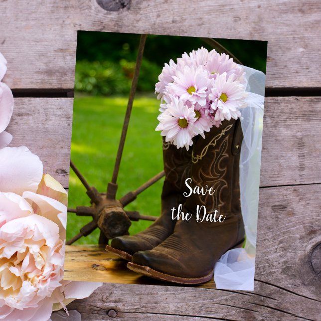 Rustic Daisies Cowboy Boots Wedding Save the Date Announcement Postcard (Creator Uploaded)