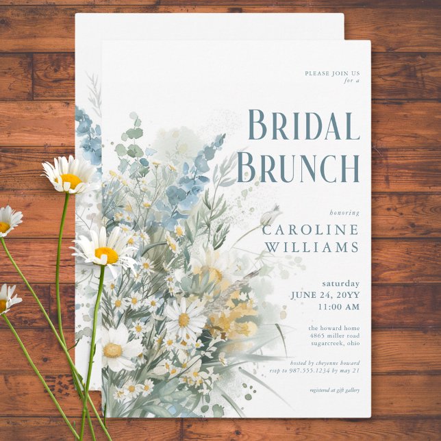 Rustic Daisies & Dusty Blue Floral Bridal Brunch Invitation (Rustic Daisies & Dusty Blue Floral Bridal Brunch Invitation)