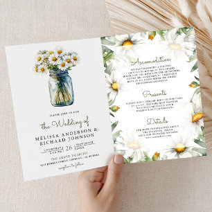 Rustic Daisies Floral Mason Jar QR Code Wedding Invitation