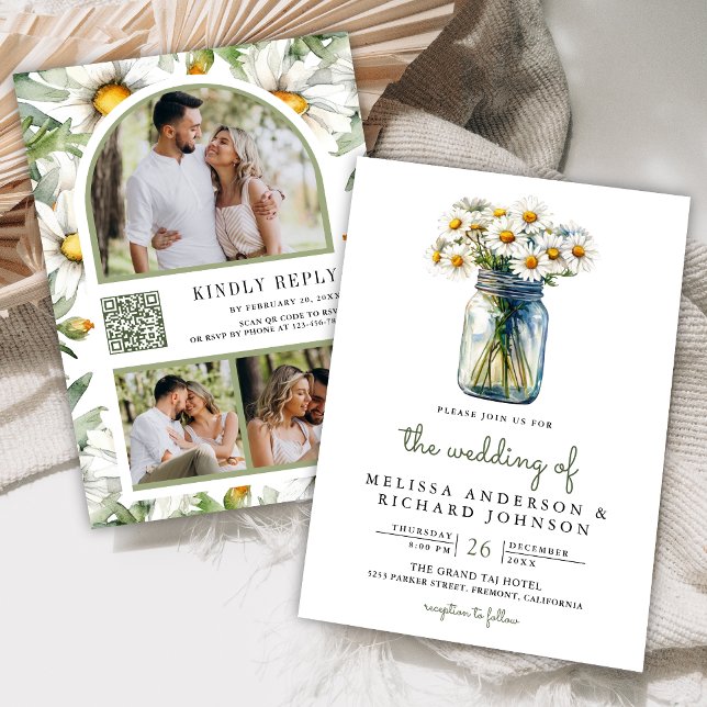 Rustic Daisies Floral Mason Jar QR Code Wedding Invitation (Creator Uploaded)