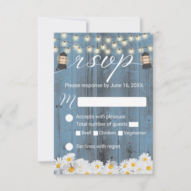 Rustic Daisies & Lantern Dusty Blue Wedding RSVP (Front)