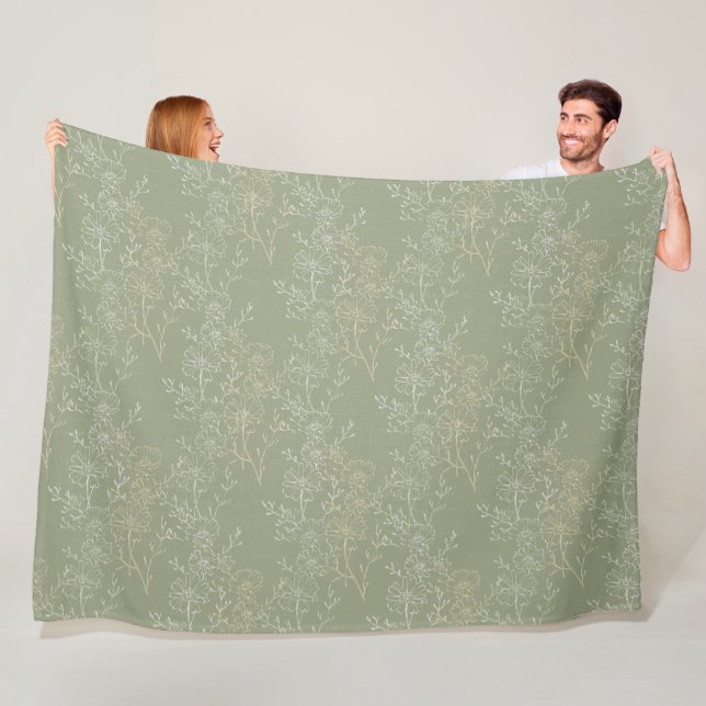  Rustic Daisies on Sage Green, Botanical Luxury  Fleece Blanket (In Situ)