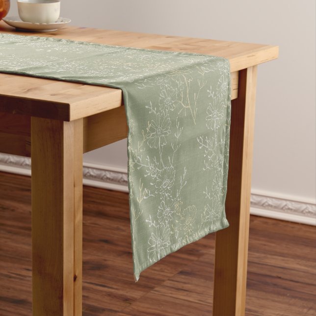  Rustic Daisies on Sage Green, Botanical Luxury  Short Table Runner (In Situ)