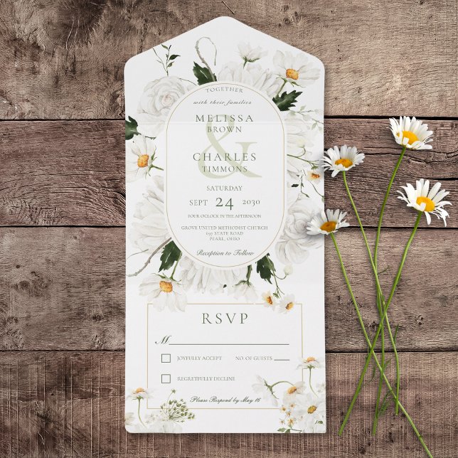Rustic Daisies & White Flowers No Dinner All In One Invitation (Rustic Daisies & White Flowers All In One Wedding Invitation without Dinner Options)