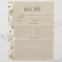 Rustic Daisy Bridal Shower Recipe Binder Page