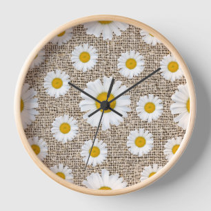 Rustic Daisy Burlap - Farmhouse Floral Clock
