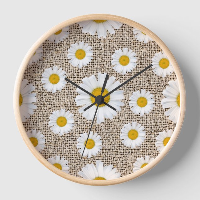 Rustic Daisy Burlap - Farmhouse Floral Clock (Front)