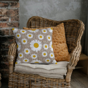 Rustic Daisy Burlap - Farmhouse Floral Cushion