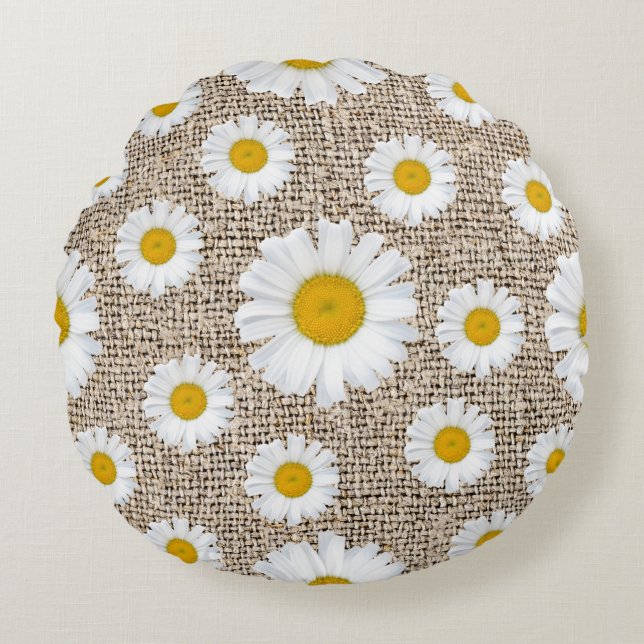 Rustic Daisy Burlap - Farmhouse Floral Round Cushion (Front)