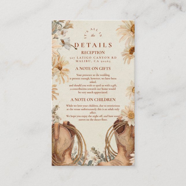 Rustic Daisy Cowgirl Boots Wedding Enclosure Card (Front)