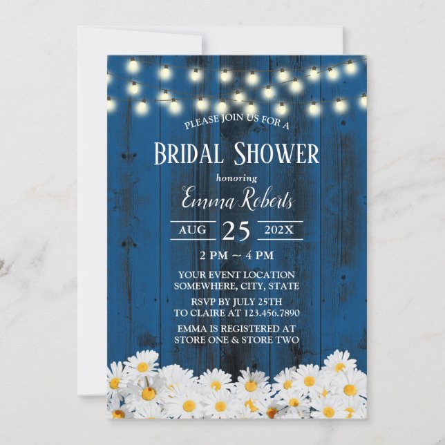 Rustic Daisy Floral Navy Barn Wood Bridal Shower Invitation (Front)