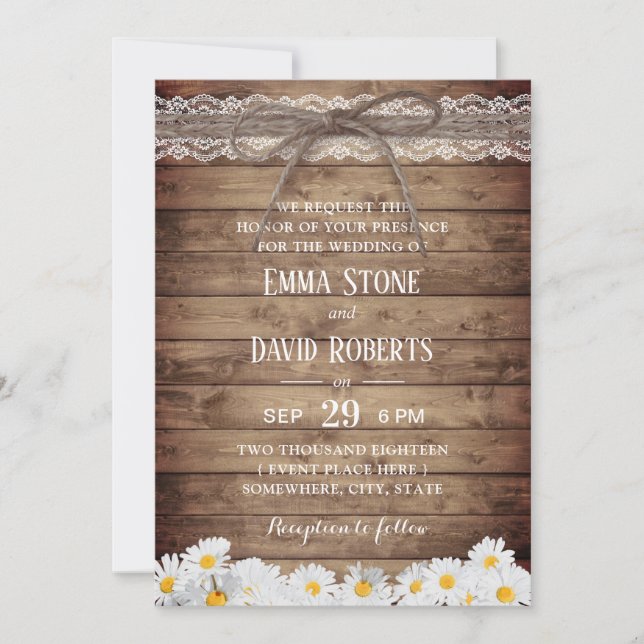 Rustic Daisy Flowers Lace & Twine Wedding Invitation (Front)
