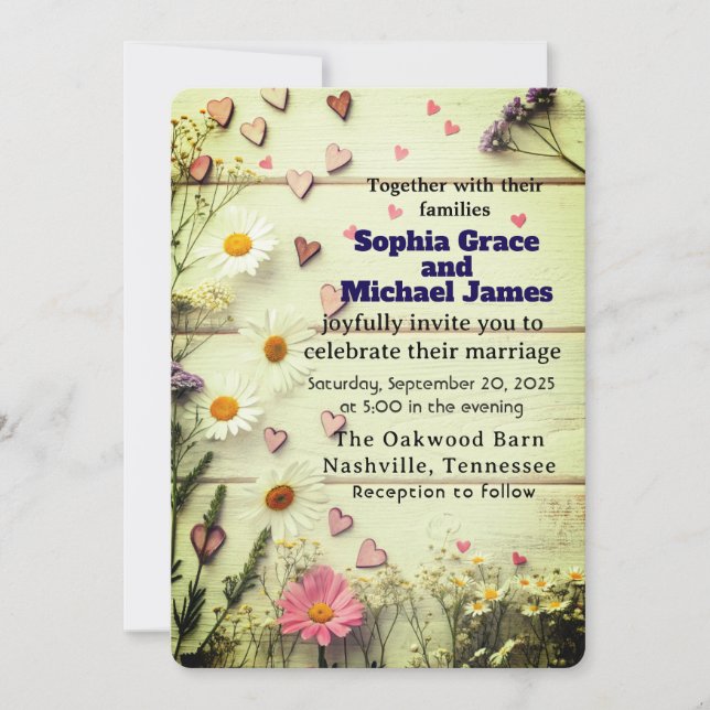 Rustic Daisy & Heart Wedding Invitation (Front)