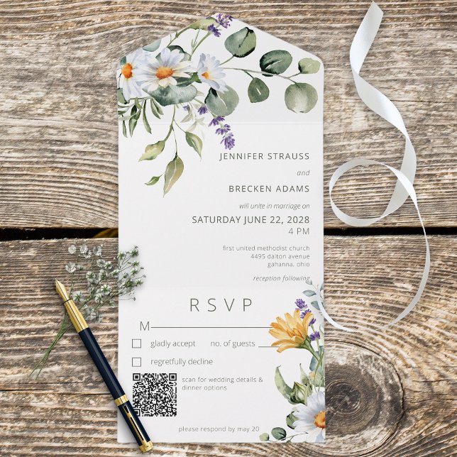 Rustic Daisy & Lavender Floral White QR Code All In One Invitation (Creator Uploaded)