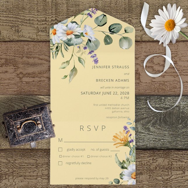 Rustic Daisy & Lavender Floral Yellow Dinner All In One Invitation (Creator Uploaded)