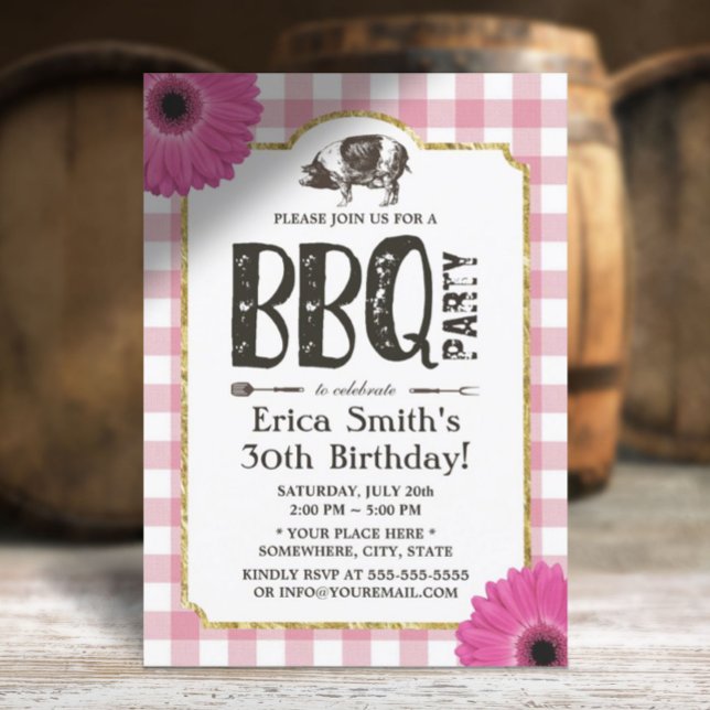 Rustic Daisy Pig Roast BBQ Pink Plaid Birthday Invitation (Creator Uploaded)