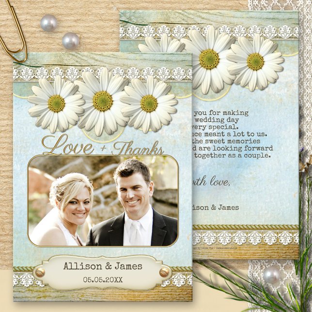 Rustic Daisy Wedding Photo Thank You Card (Creator Uploaded)