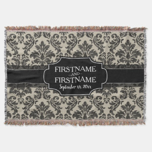 Rustic Damask Pattern in Black and Parchment Throw Blanket