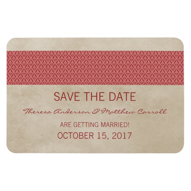 Rustic Damask Save the Date Magnet, Red Magnet (Horizontal)