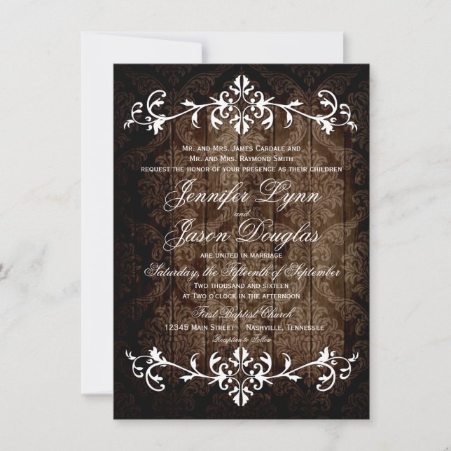 Rustic Damask Wood Flourish Wedding Invitations (Front)