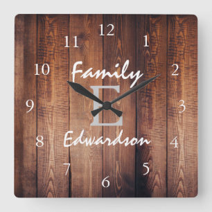 Rustic dark barn wood monogram name square wall clock
