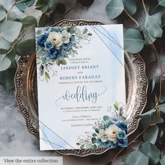 Rustic Dark Blue White Roses Silver Wedding Invite (Rustic Dark Blue White Roses Silver Wedding Invite)