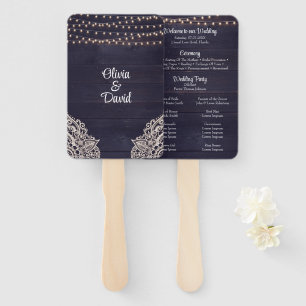 Rustic Dark Blue Wood String Light Wedding Program Hand Fan