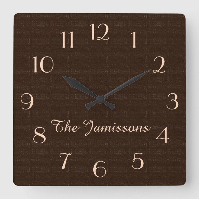 Rustic Dark Brown Faux Burlap Name Round or Square Square Wall Clock (Front)