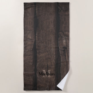 Rustic dark brown grey old wood Monogram Beach Towel