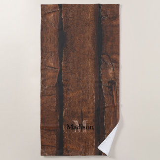 Rustic dark brown old wood Monogram Beach Towel