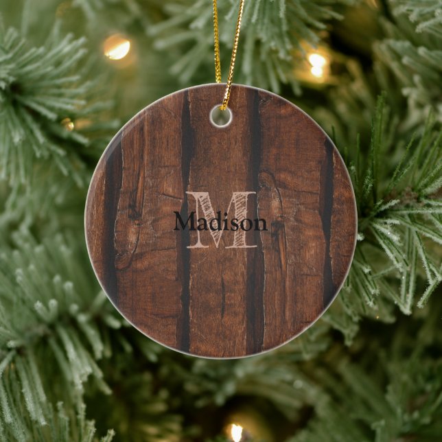 Rustic dark brown old wood Monogram Ceramic Tree Decoration (Tree)