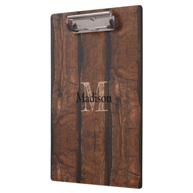 Rustic dark brown old wood Monogram Clipboard (Left)