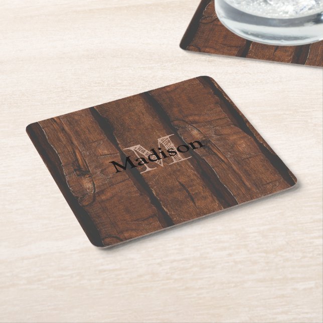 Rustic dark brown old wood Monogram Square Paper Coaster (Angled)