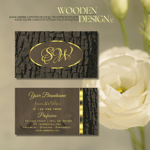 Rustic Dark Brown Tree Bark Gold Border Initials Business Card