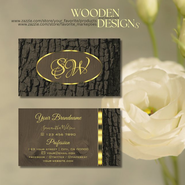 Rustic Dark Brown Tree Bark Gold Border Initials Business Card (Creator Uploaded)