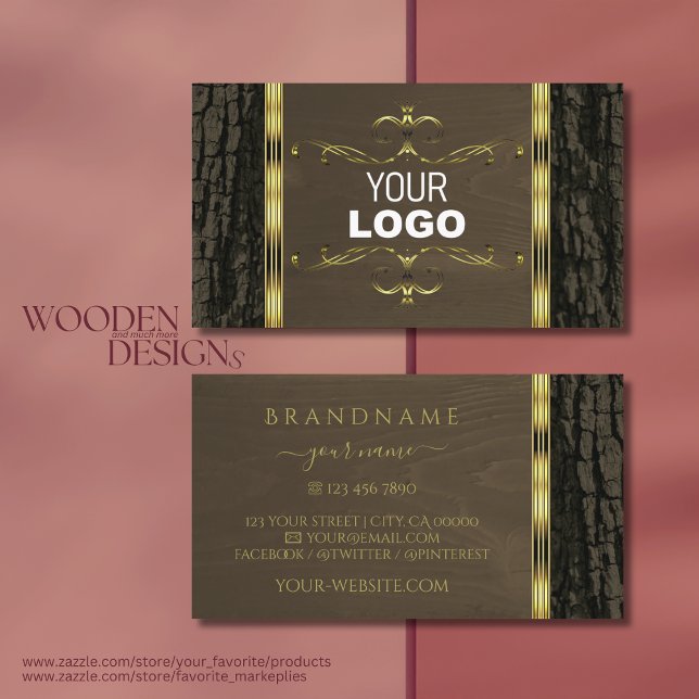 Rustic Dark Brown Tree Bark Grain Gold Border Logo Business Card (Creator Uploaded)