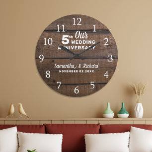 Rustic Dark Brown Wood 5th Wedding Anniversary Large Clock