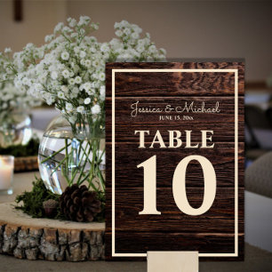 Rustic Dark Brown Wood Cream Wedding Table Number