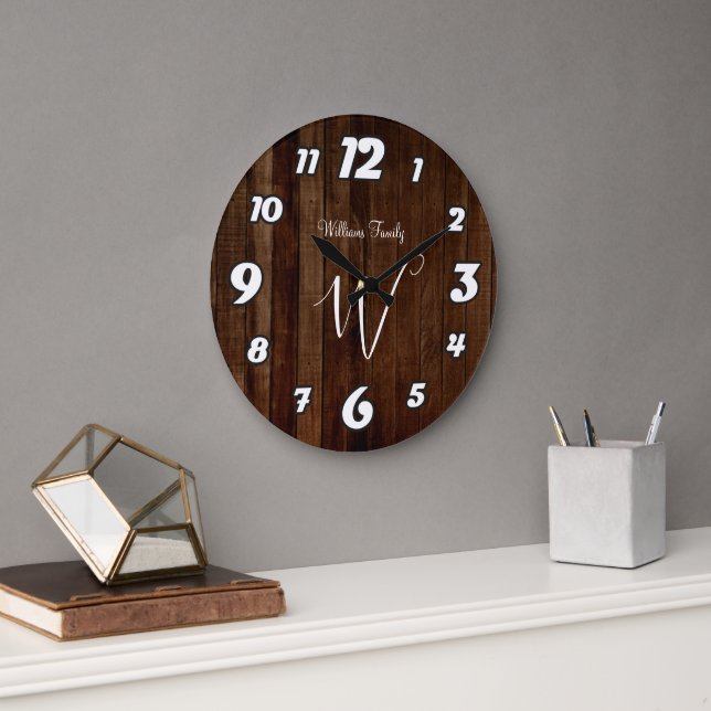 Rustic Dark Brown Wood Family Name Monogrammed Lar Large Clock (Office)