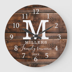 Rustic Dark Brown Wood Family Reunion Monogrammed  Large Clock