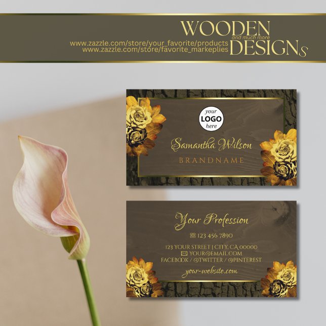  Rustic Dark Brown Wood Grain Tree Bark with Logo Business Card (Creator Uploaded)