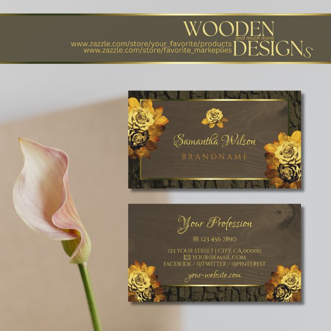  Rustic Dark Brown Wood Grain Tree Bark with Roses Business Card (Creator Uploaded)
