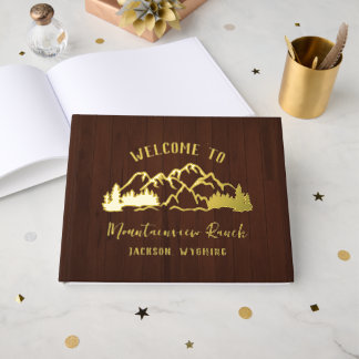 Rustic Dark Brown Wood Mountain Landscape Guest Book