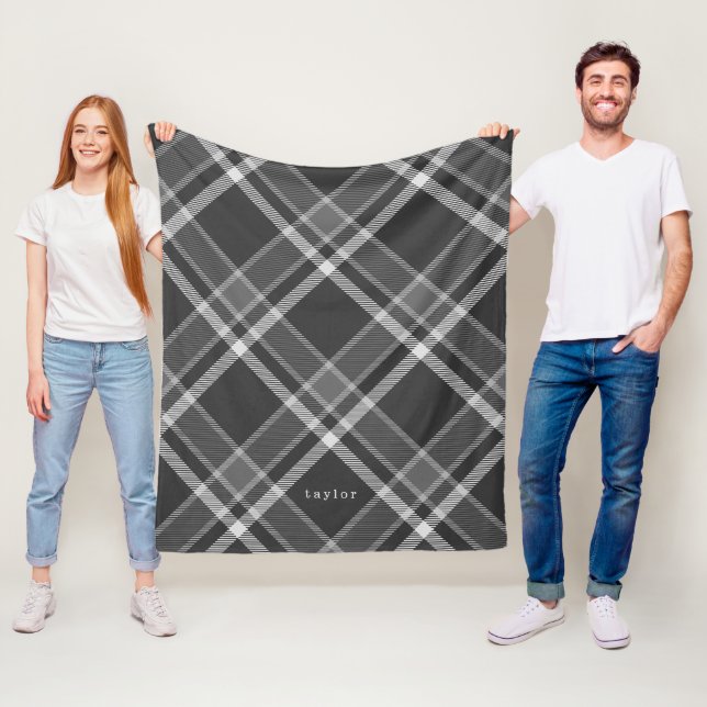Rustic Dark Charcoal Grey Tartan Plaid with Name Fleece Blanket (In Situ)