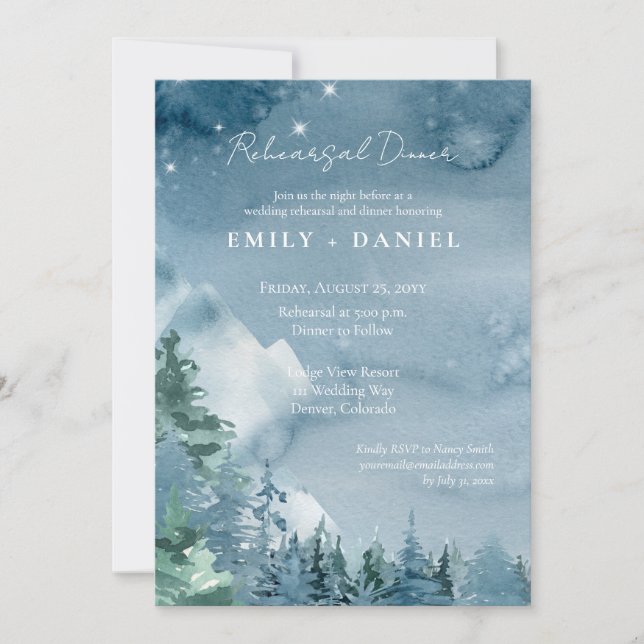 Rustic Dark Dusk Blue Watercolor Wedding Rehearsal Invitation (Front)